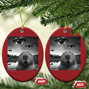 Funny Capybara Christmas Ornament Selfie With UFOs Capy Meme Graphic TS02 Oval Red Print Your Wear