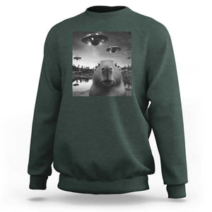 Funny Capybara Sweatshirt Selfie With UFOs Capy Meme Graphic TS02 Dark Forest Green Print Your Wear