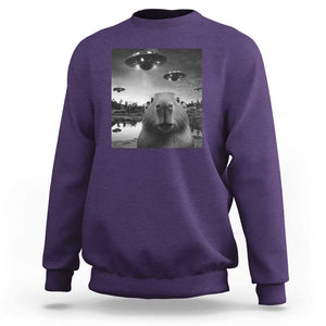 Funny Capybara Sweatshirt Selfie With UFOs Capy Meme Graphic TS02 Purple Print Your Wear