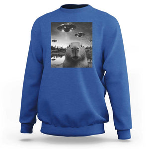 Funny Capybara Sweatshirt Selfie With UFOs Capy Meme Graphic TS02 Royal Blue Print Your Wear