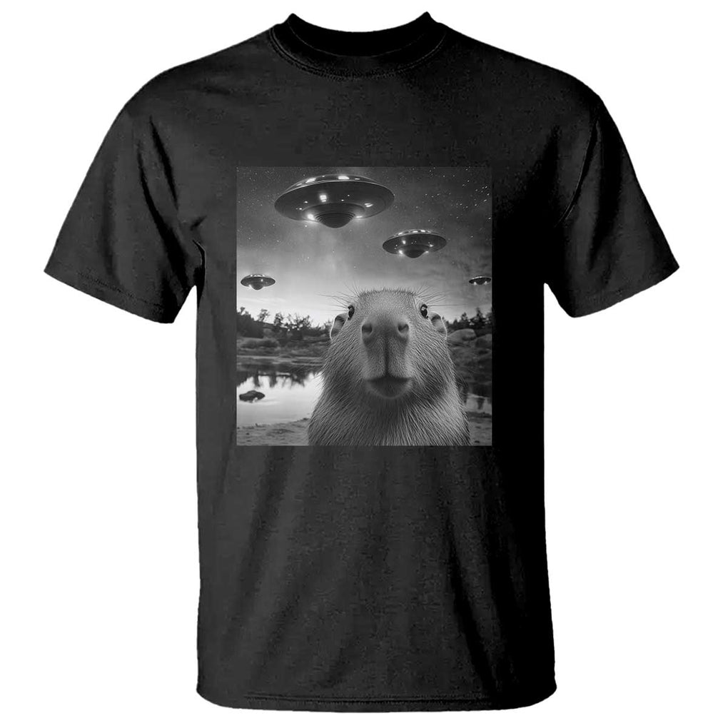 Funny Capybara T Shirt Selfie With UFOs Capy Meme Graphic TS02 Black Print Your Wear