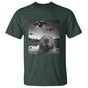 Funny Capybara T Shirt Selfie With UFOs Capy Meme Graphic TS02 Dark Forest Green Print Your Wear