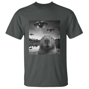 Funny Capybara T Shirt Selfie With UFOs Capy Meme Graphic TS02 Dark Heather Print Your Wear