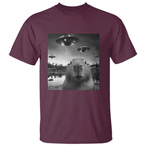 Funny Capybara T Shirt Selfie With UFOs Capy Meme Graphic TS02 Maroon Print Your Wear