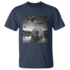 Funny Capybara T Shirt Selfie With UFOs Capy Meme Graphic TS02 Navy Print Your Wear