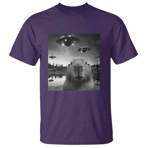 Funny Capybara T Shirt Selfie With UFOs Capy Meme Graphic TS02 Purple Print Your Wear