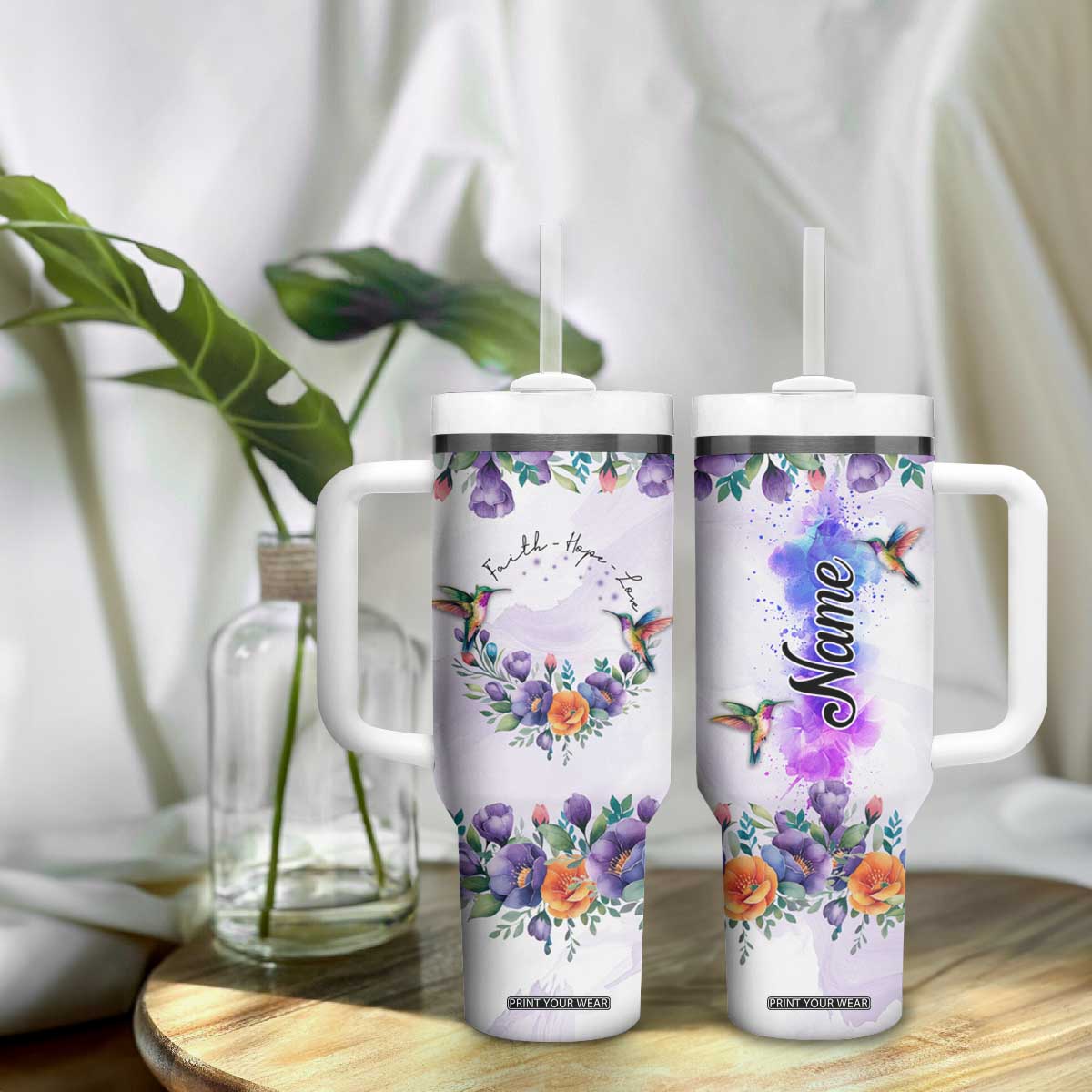 Hummingbird Faith Personalized Tumbler With Handle Personalized TS04 Print Your Wear
