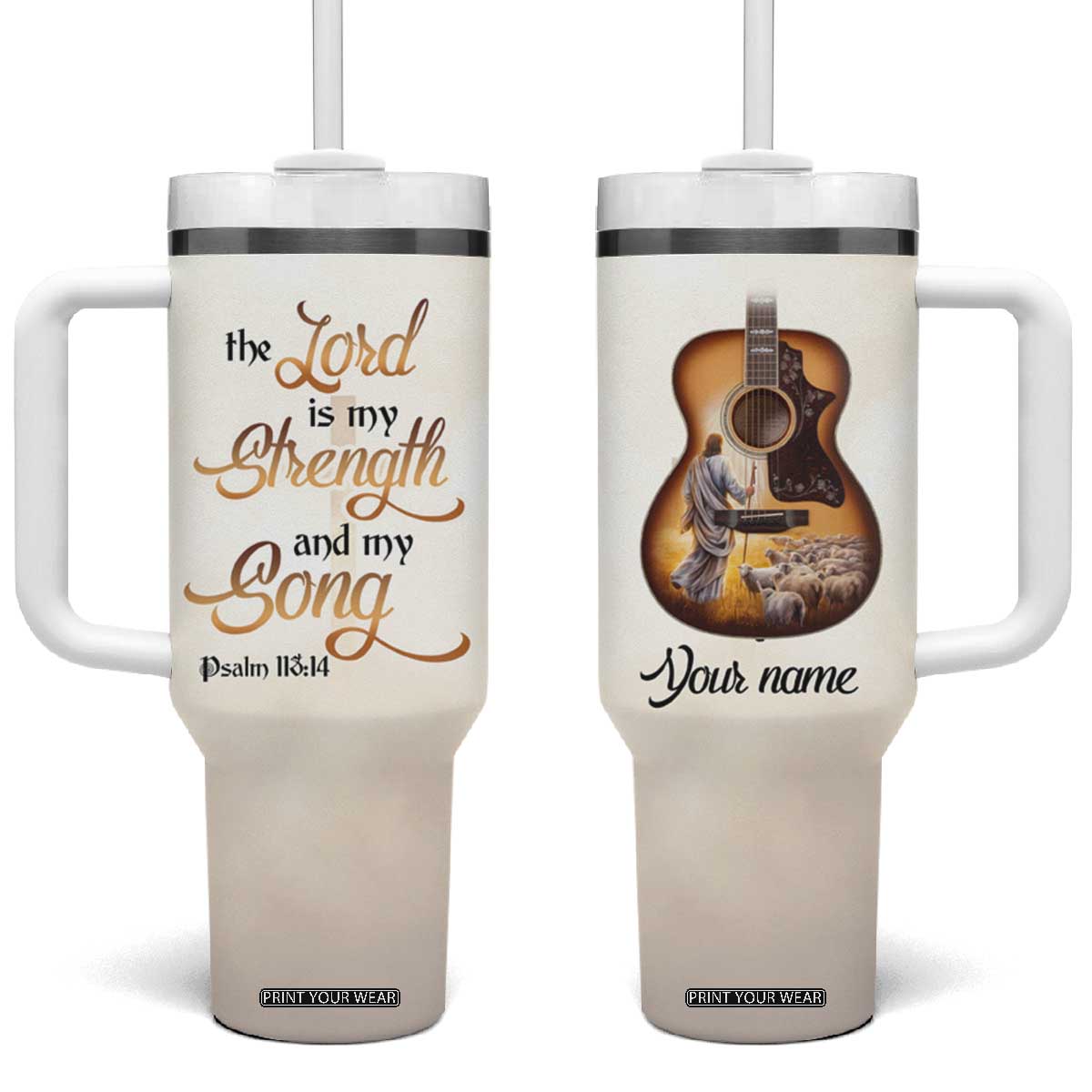 The Lord Is My Strength And My Song Tumbler With Handle Personalized TS04 One Size: 40 oz Multicolor Print Your Wear