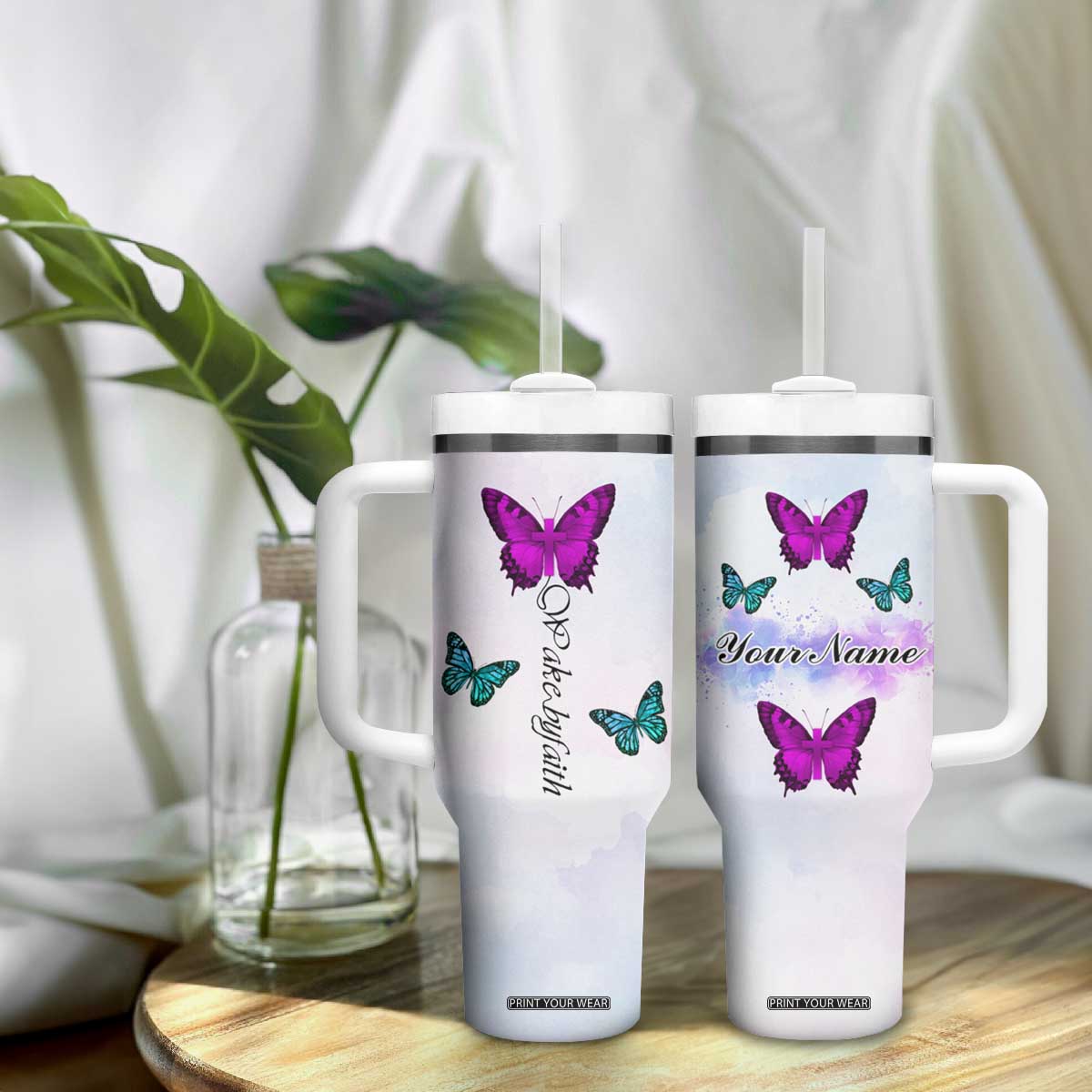 Walk By Faith Butterfly Tumbler With Handle Personalized TS04 Print Your Wear