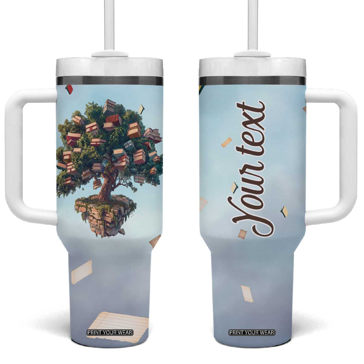 Tree Of Books Tumbler With Handle Personalized TS04 One Size: 40 oz Multicolor Print Your Wear