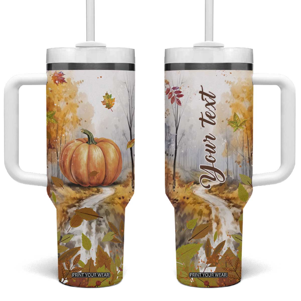 Pumpkin Autumn Leaves Personalized Tumbler With Handle TS04 One Size: 40 oz Multicolor Print Your Wear