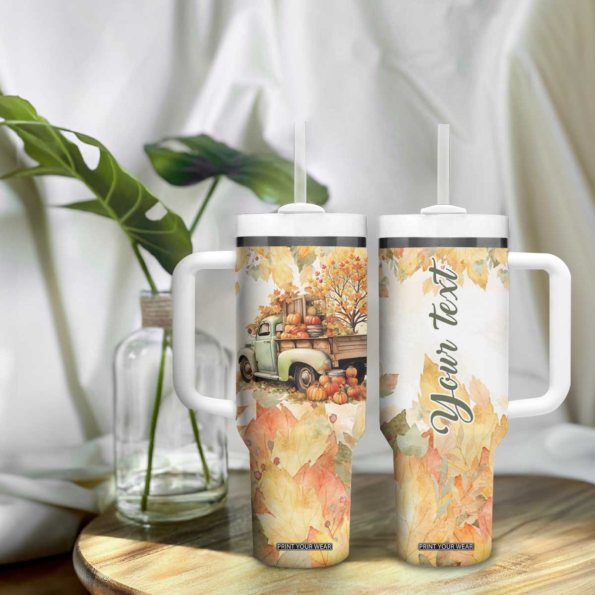 Pumkins Truck - Autumn Leaves Watercolor Personalized Tumbler With Handle TS04 Print Your Wear