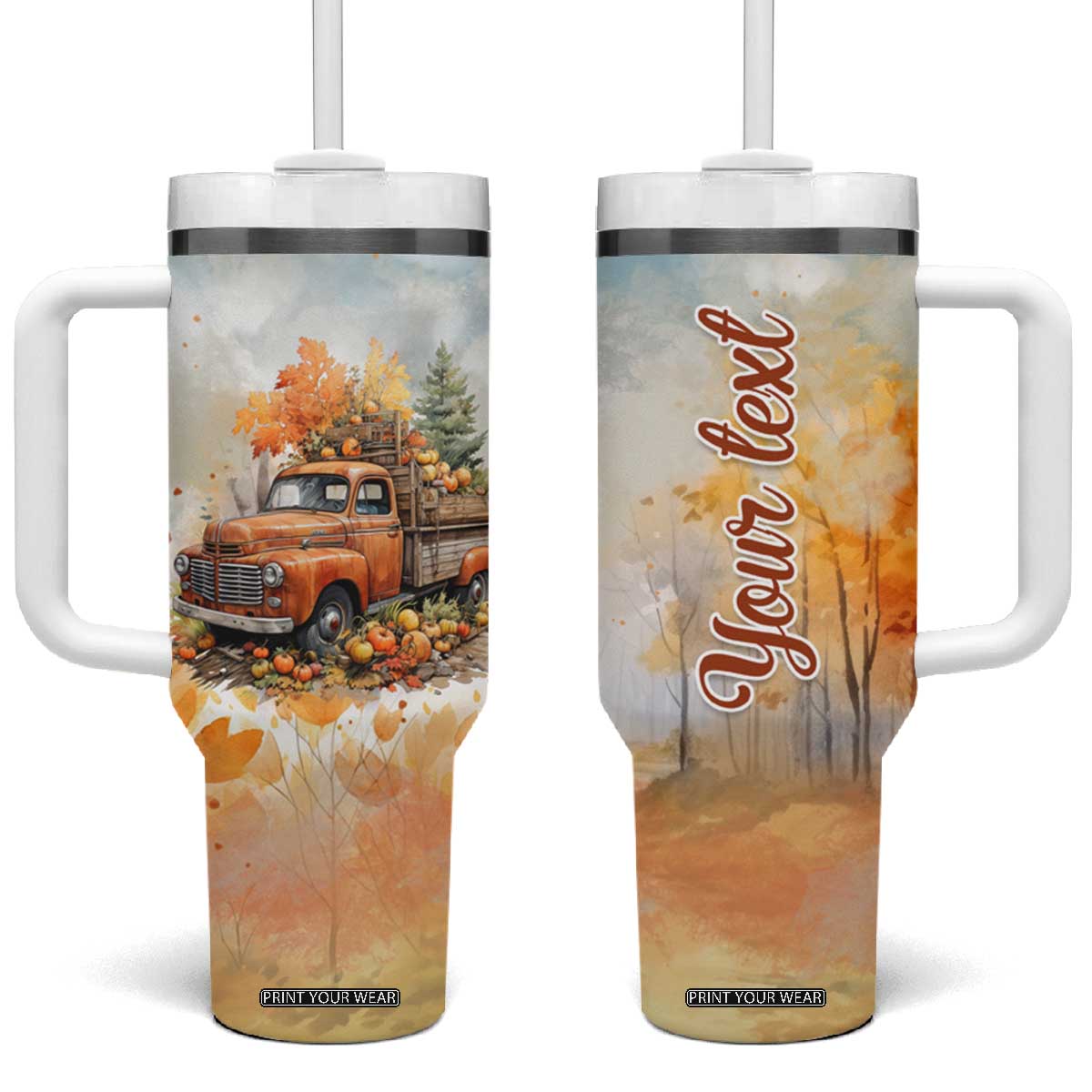 Autumn - Pumkin Truck and Leaves Personalized Tumbler With Handle TS04 One Size: 40 oz Multicolor Print Your Wear