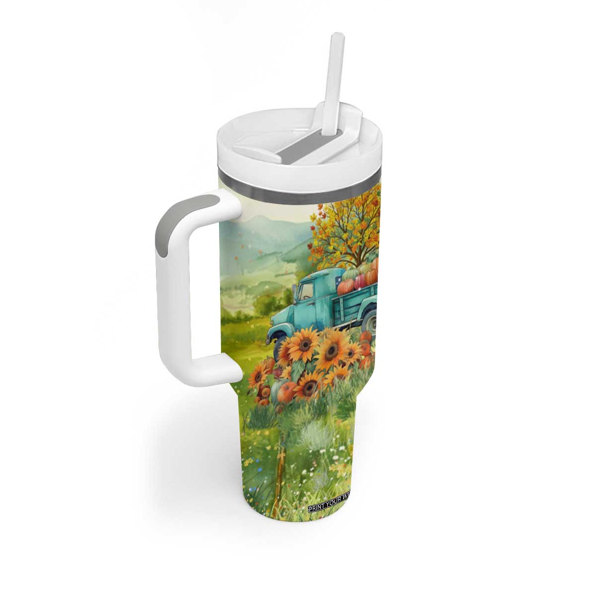 Autumn Sunflower - Pumpkin Truck Personalized Tumbler With Handle TS04 Print Your Wear