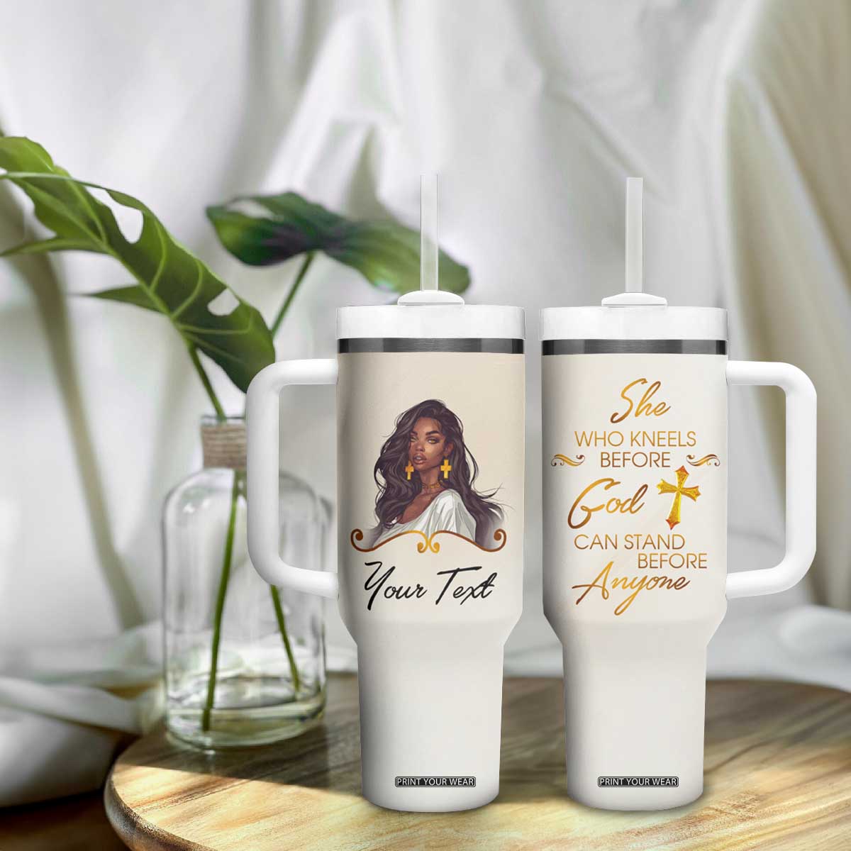 She Who Kneels Before God Can Stand Before Anyone Tumbler With Handle Personalized TS04 Print Your Wear