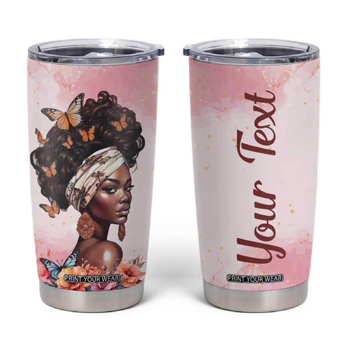 Black Woman Butterfly Tumbler Cup Personalized TS04 Pink Print Your Wear