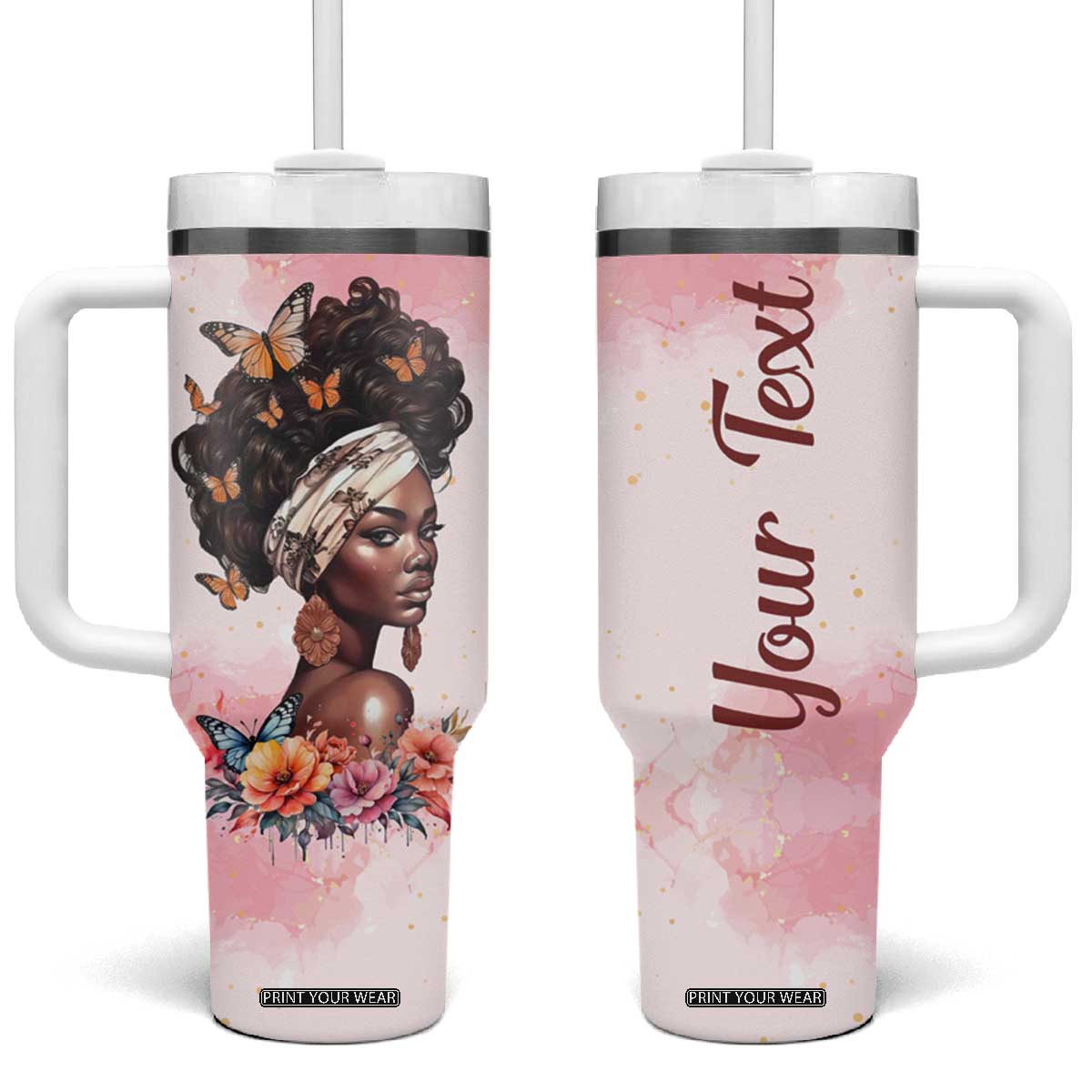 Black Woman Butterfly Tumbler With Handle Personalized TS04 One Size: 40 oz Pink Print Your Wear