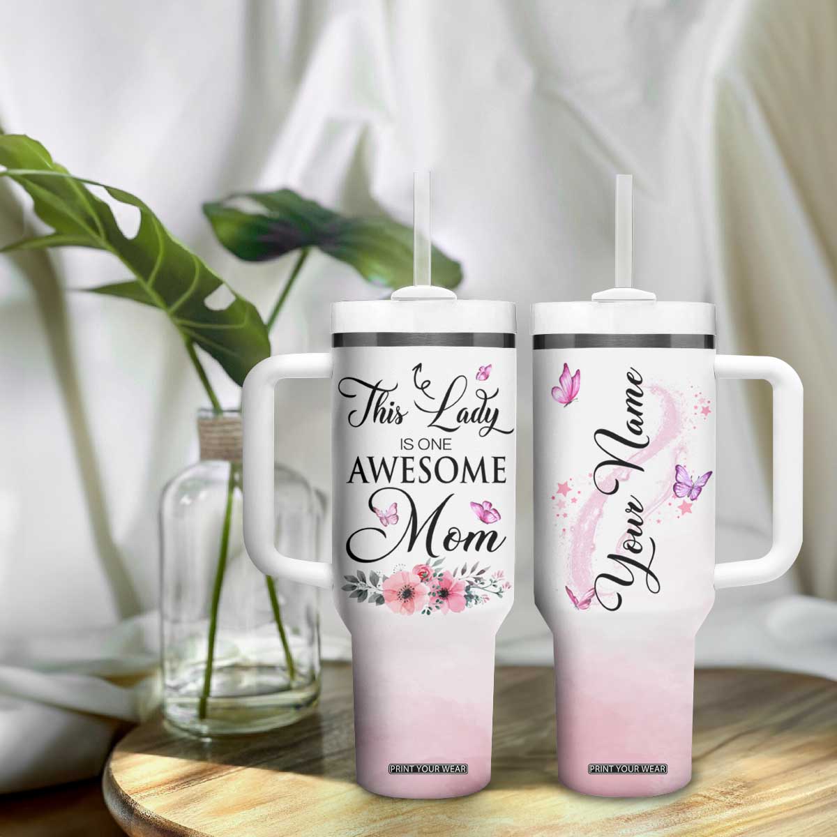 Butterfly Awesome Mom Tumbler With Handle Personalized TS04 Print Your Wear