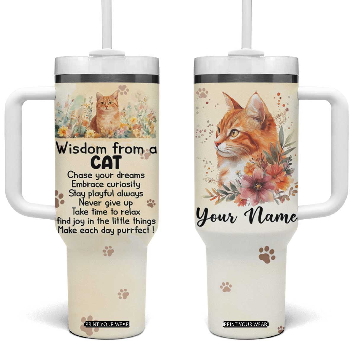 Wisdom From A Cat Tumbler With Handle Personalized TS04 One Size: 40 oz Multicolor Print Your Wear