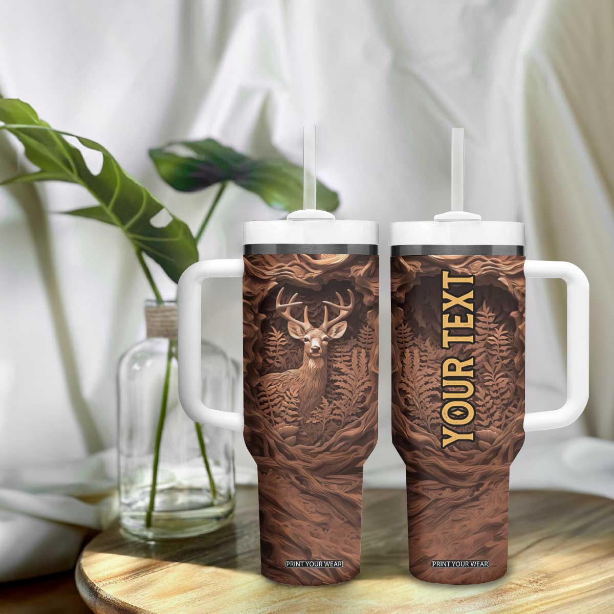 Deer Wooden Carving Tumbler With Handle Personalized TS04 Print Your Wear