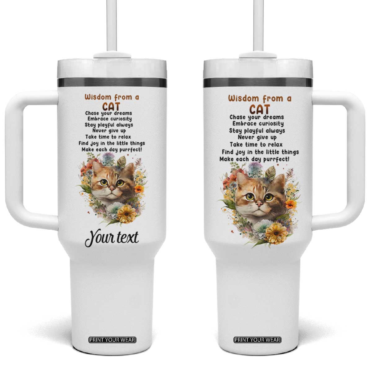 Wisdom From A Cat Tumbler With Handle Personalized TS04 One Size: 40 oz Multicolor Print Your Wear