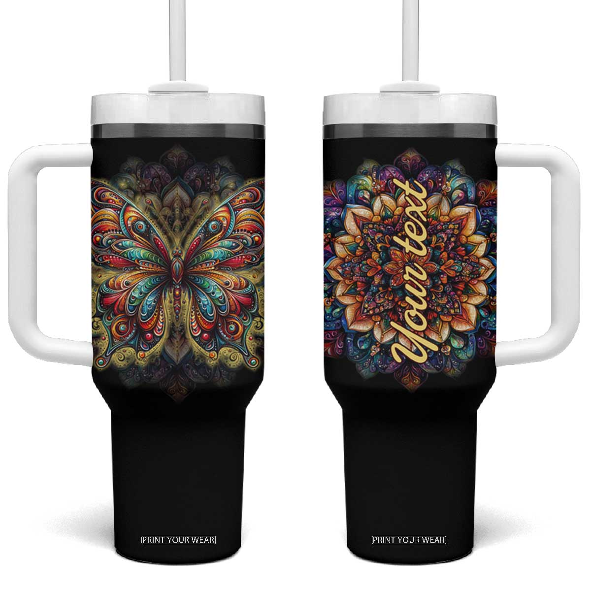 Colorful Mandala Butterfly Tumbler With Handle Personalized TS04 One Size: 40 oz Multicolor Print Your Wear