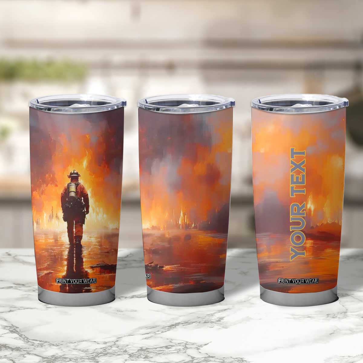 Firefighter Walking Through Fire Tumbler Cup Personalized TS04 Print Your Wear