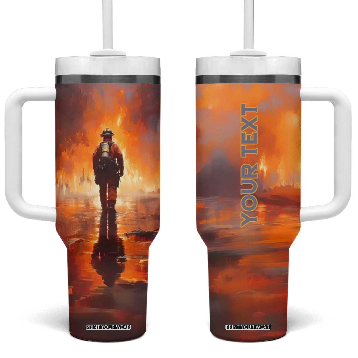 Firefighter Walking Through Fire Tumbler With Handle Personalized TS04 One Size: 40 oz Multicolor Print Your Wear