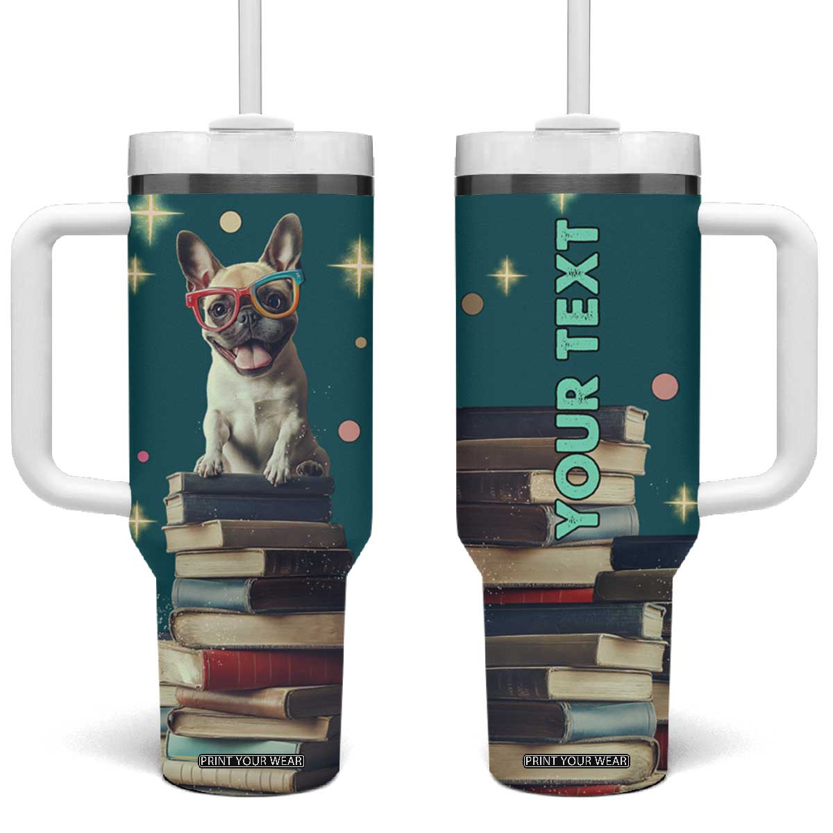 Cute Pug Reading Books Tumbler With Handle Personalized TS04 One Size: 40 oz Multicolor Print Your Wear