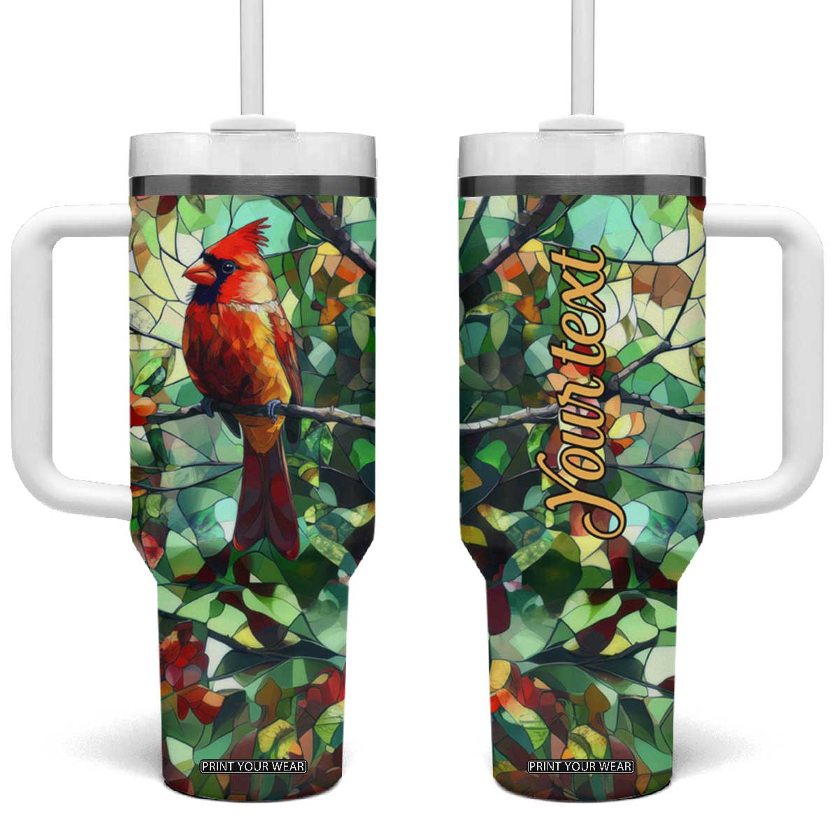 Cardinal Stained Glass Style Tumbler With Handle Personalized TS04 One Size: 40 oz Multicolor Print Your Wear