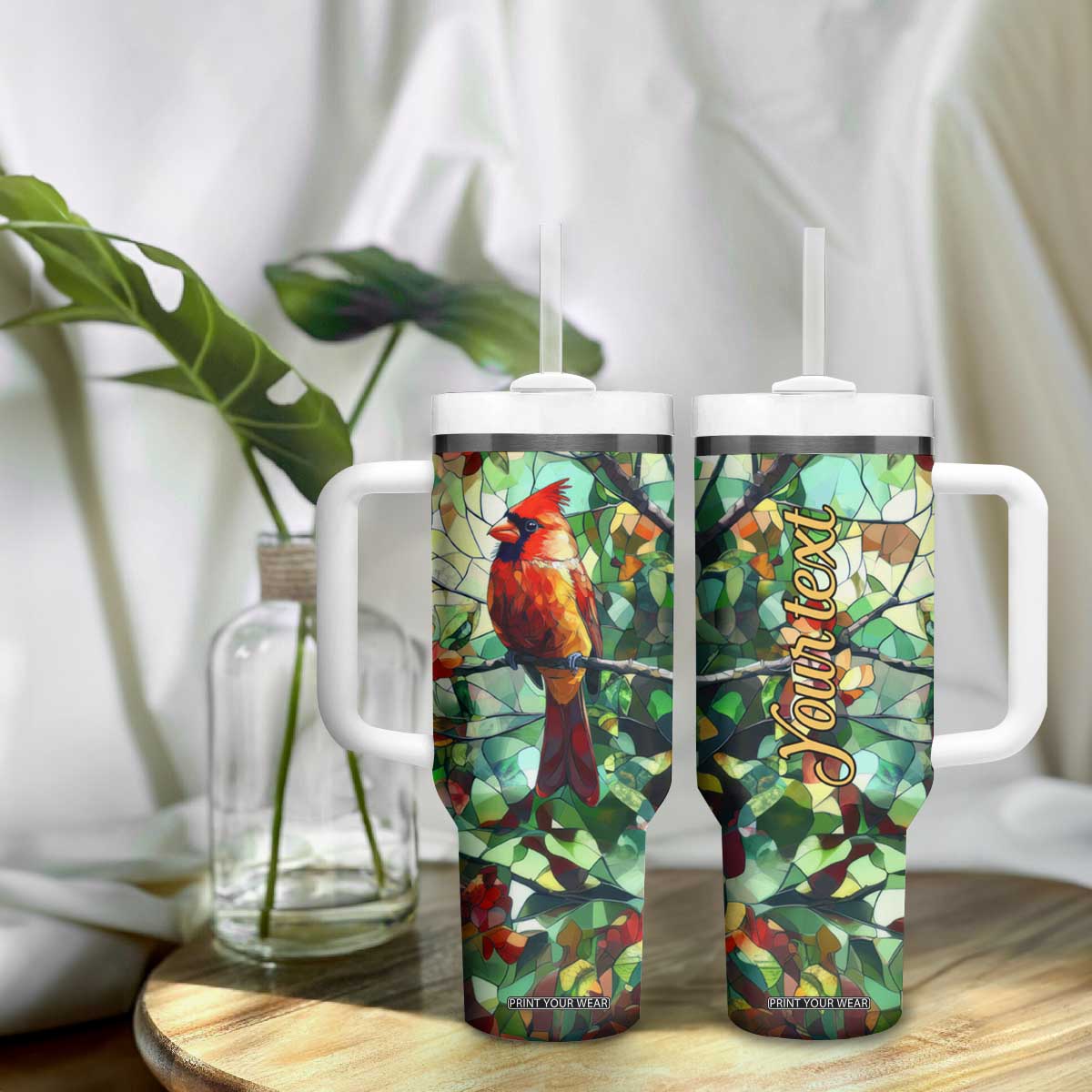 Cardinal Stained Glass Style Tumbler With Handle Personalized TS04 Print Your Wear