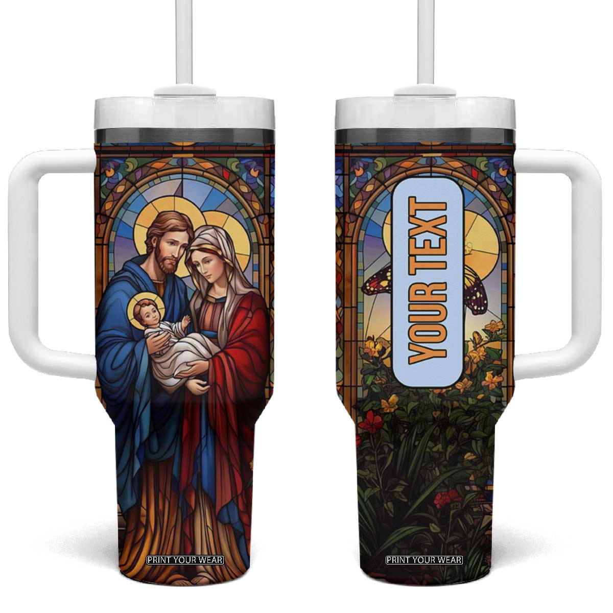 Faith Nativity Colorful Stained Glass Tumbler With Handle Personalized TS04 One Size: 40 oz Multicolor Print Your Wear