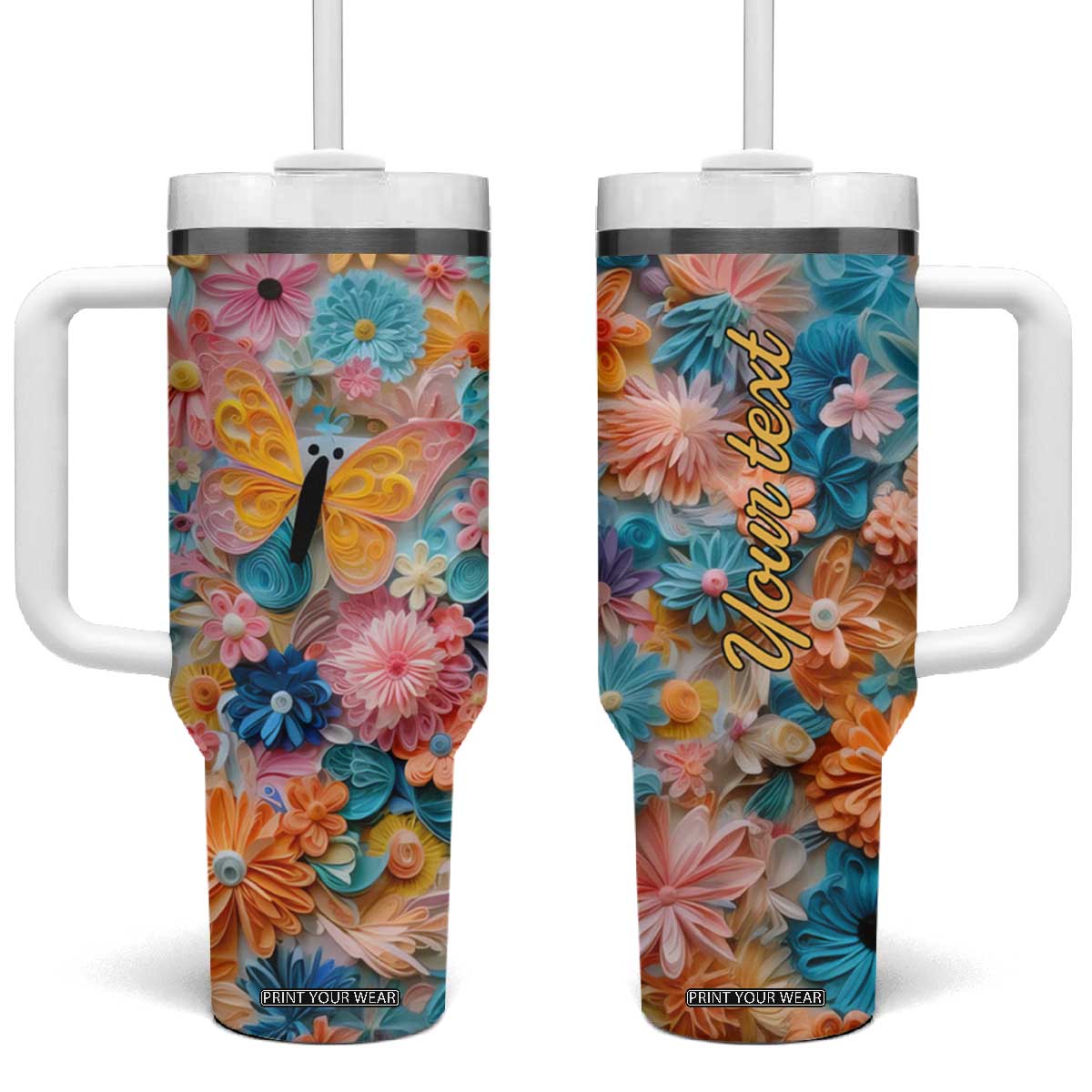 Butterfly Coloful Paper Quiling Tumbler With Handle Personalized TS04 One Size: 40 oz Multicolor Print Your Wear