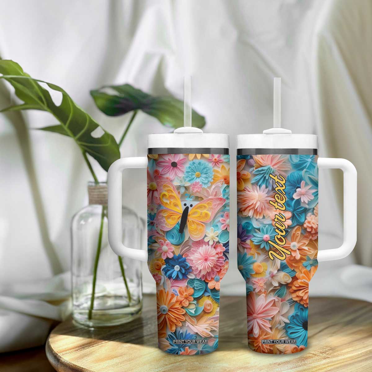 Butterfly Coloful Paper Quiling Tumbler With Handle Personalized TS04 Print Your Wear