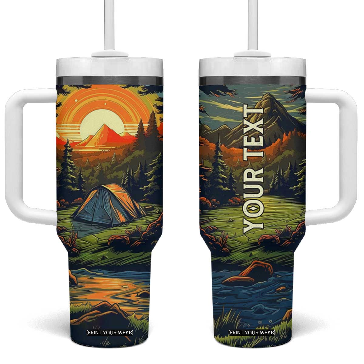 Camping Tent Vintage Tumbler With Handle Personalized TS04 One Size: 40 oz Multicolor Print Your Wear