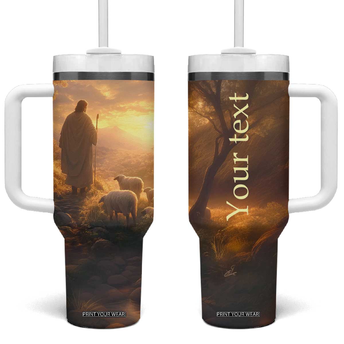 Jesus Walking On The Forest With Lambs Tumbler With Handle Personalized TS04 One Size: 40 oz Multicolor Print Your Wear