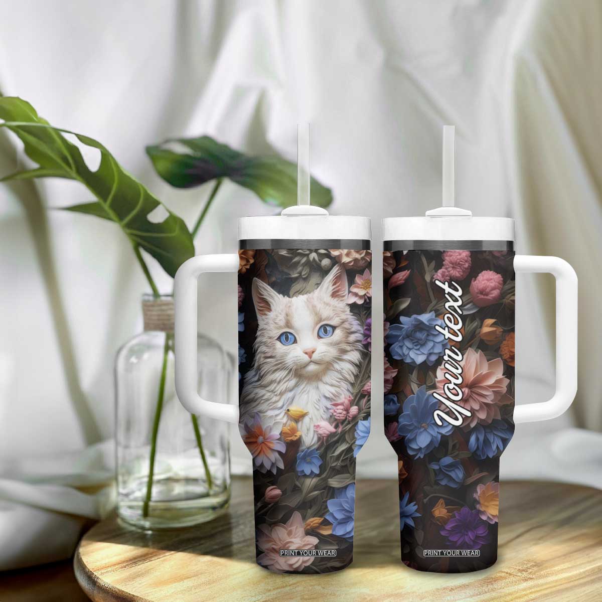 Cat Flowers Plaster Carving Tumbler With Handle Personalized TS04 Print Your Wear