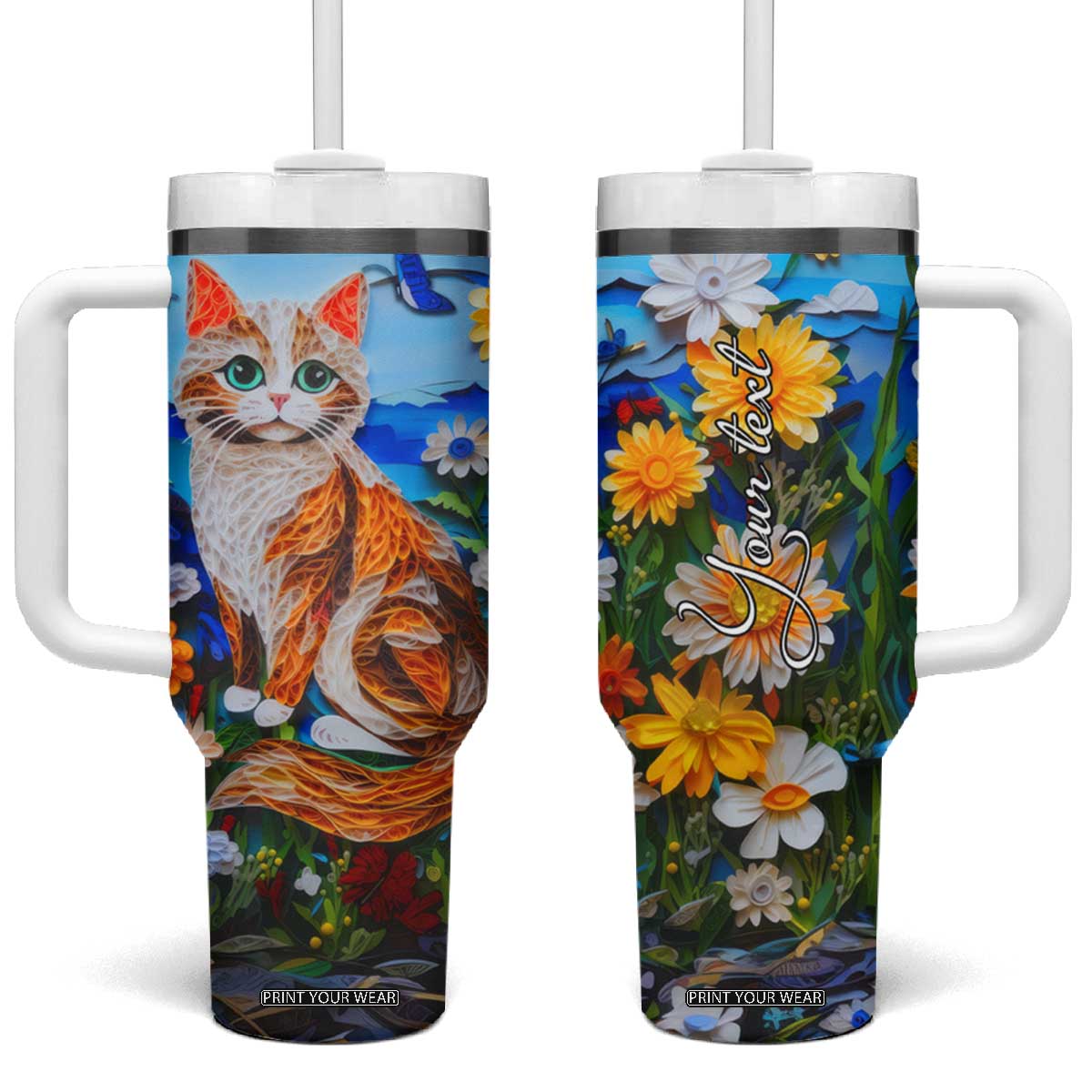 Cat In The Flowers Garden Paper Quiling Tumbler With Handle Personalized TS04 One Size: 40 oz Multicolor Print Your Wear