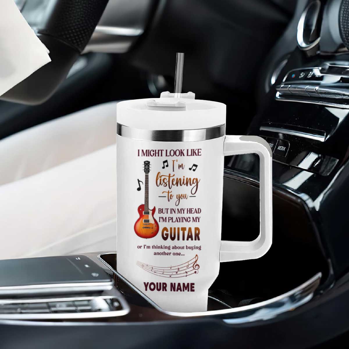 But In My Head I'm Playing My Guitar Or I'm Thinking About Buying Another One Tumbler With Handle Personalized TS04 Print Your Wear