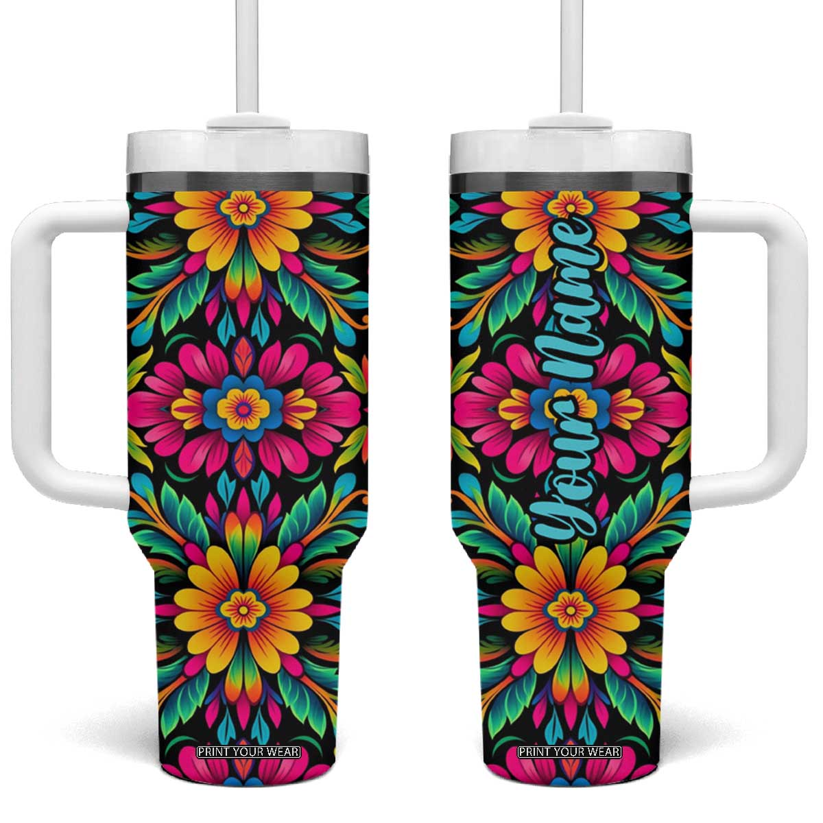 Gardening Mexican Flower Pattern Tumbler With Handle Personalized TS04 One Size: 40 oz Multicolor Print Your Wear