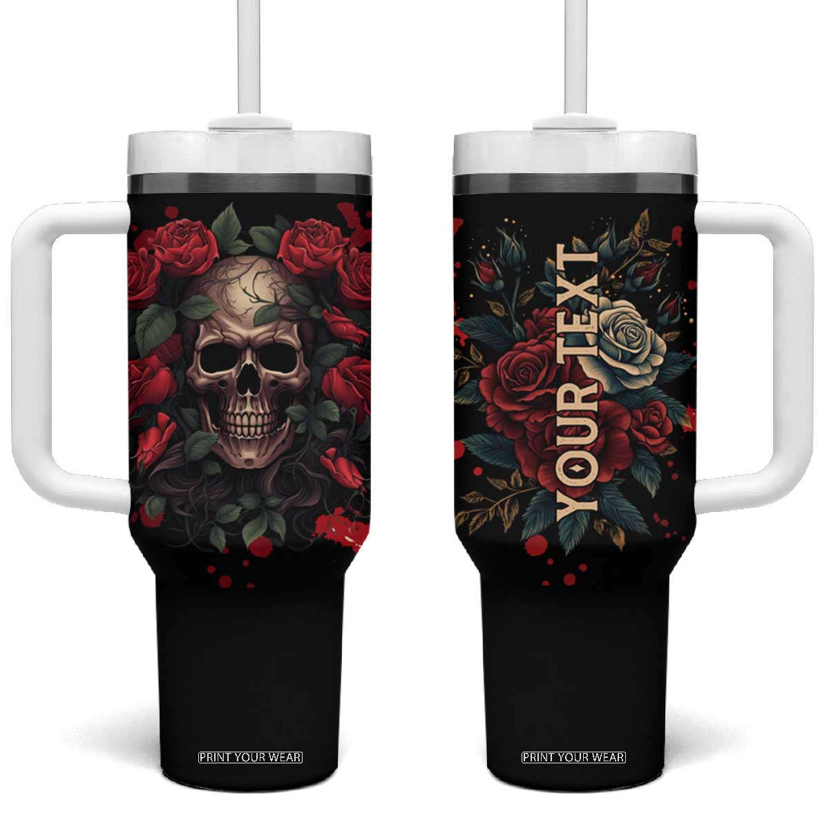 Vintage Skull Rose Tumbler With Handle Personalized TS04 One Size: 40 oz Multicolor Print Your Wear