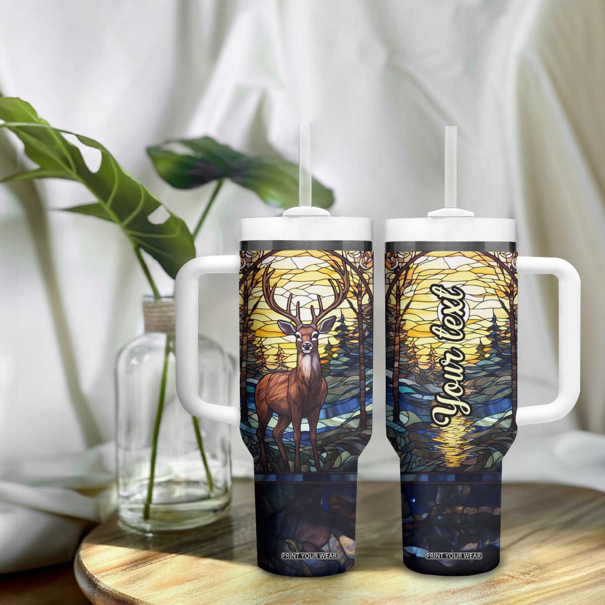 Deer Stained Glass Tumbler With Handle Personalized TS04 Print Your Wear