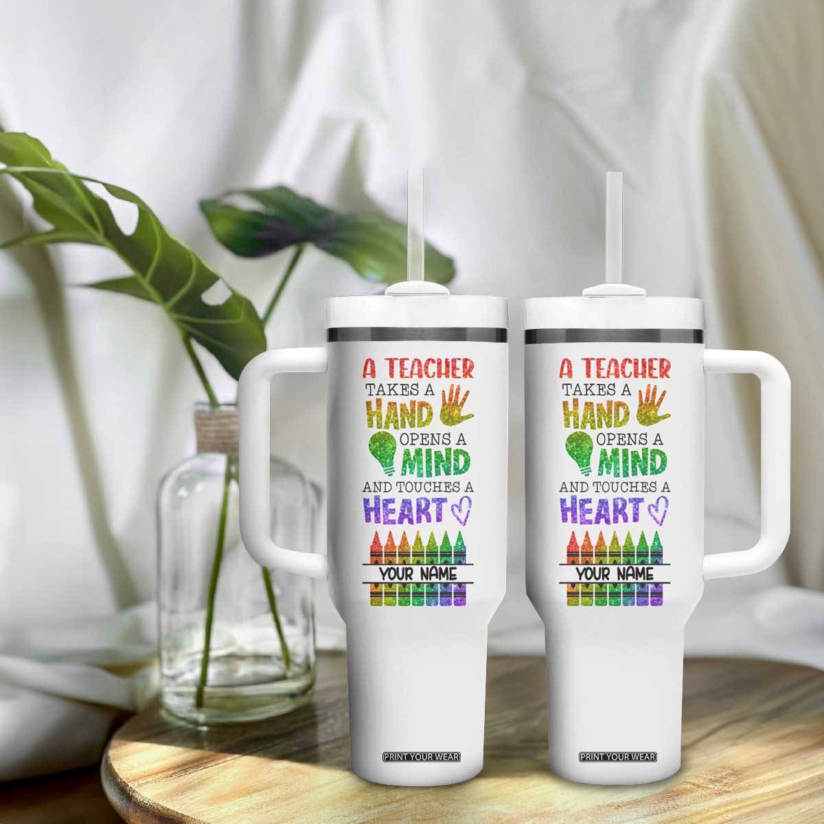 A Teacher Takes A Hand Open A Mind And Touches A Heart Tumbler With Handle Personalized TS04 Print Your Wear