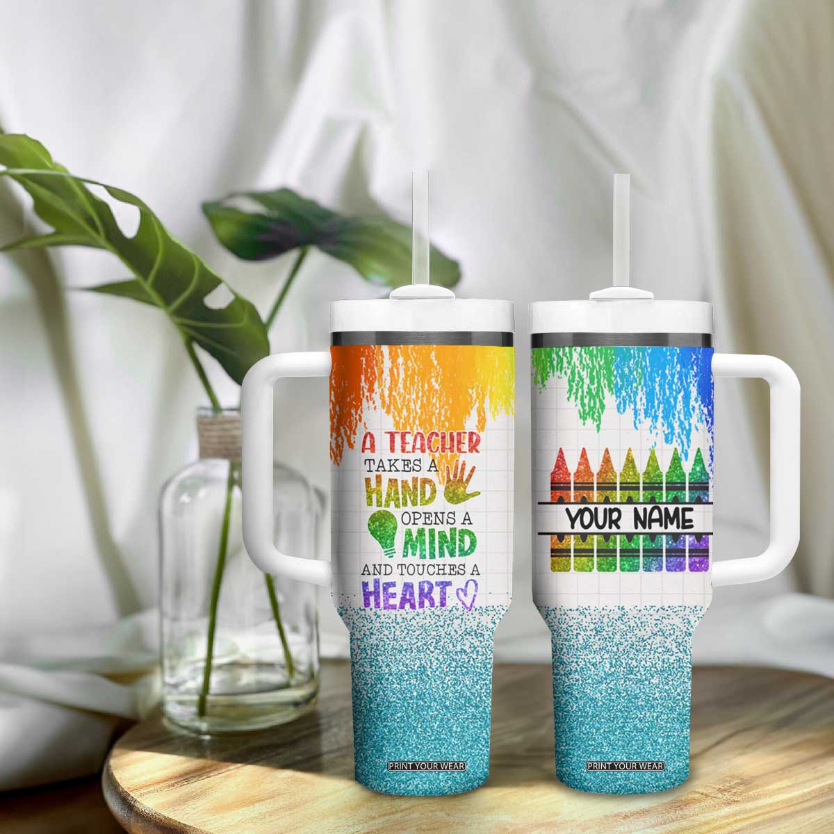 A Teacher Takes A Hand Open A Mind And Touches A Heart Tumbler With Handle Personalized TS04 Print Your Wear