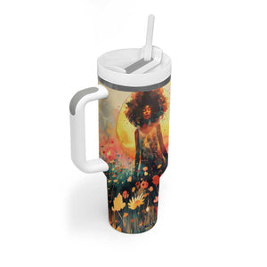 Black Women In Flower Field - Sun Set Watercolor Style Personalized Tumbler With Handle TS04 Print Your Wear