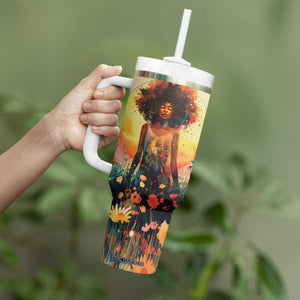 Black Women In Flower Field - Sun Set Watercolor Style Personalized Tumbler With Handle TS04 Print Your Wear