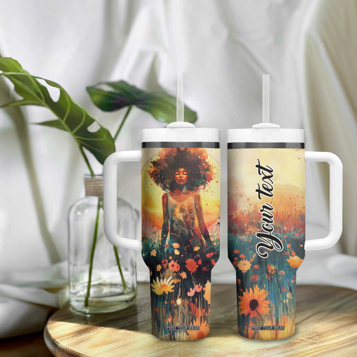 Black Women In Flower Field - Sun Set Watercolor Style Personalized Tumbler With Handle TS04 Print Your Wear