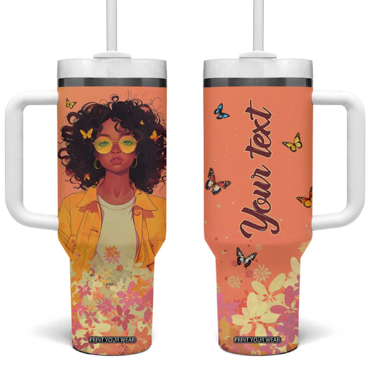 Lovely Black Woman Butterfly Personalized Tumbler With Handle TS04 One Size: 40 oz Orange Print Your Wear