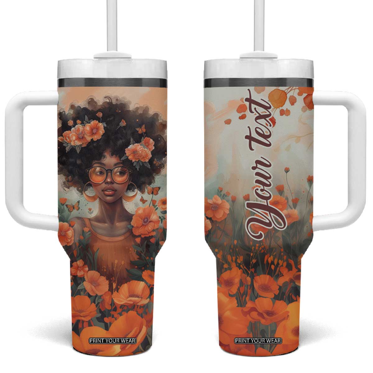 Black Woman And Flowers Field Personalized Tumbler With Handle TS04 One Size: 40 oz Multicolor Print Your Wear