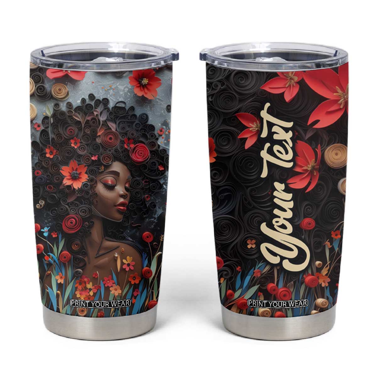 Black Woman Floral Quilling Art Tumbler Cup TS04 Black Red Print Your Wear